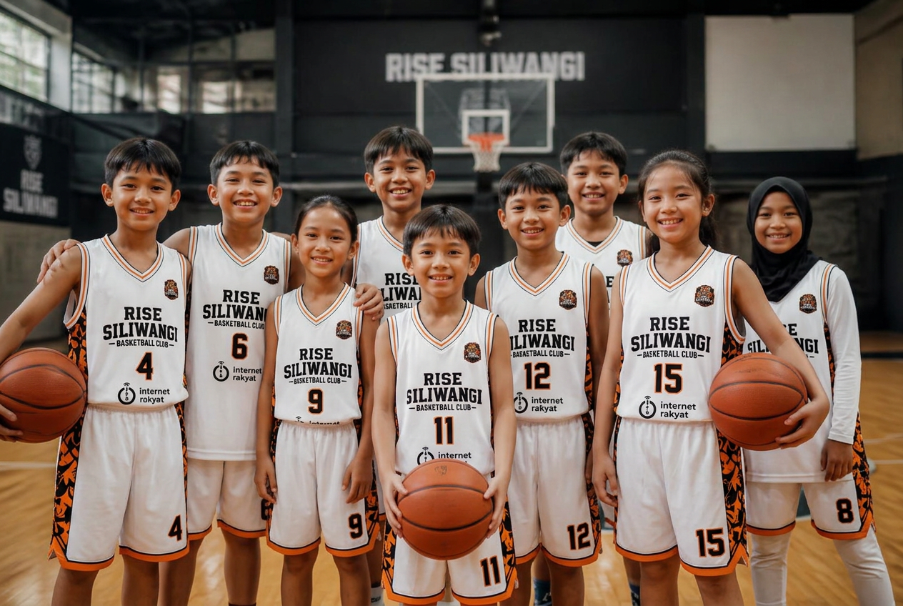 Anak-anak KU Mini Rise Siliwangi tersenyum memegang bola basket